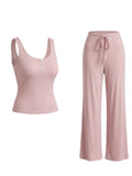 Women's Ribbed Henley Tank and Wide-Leg Pants Pajama Set