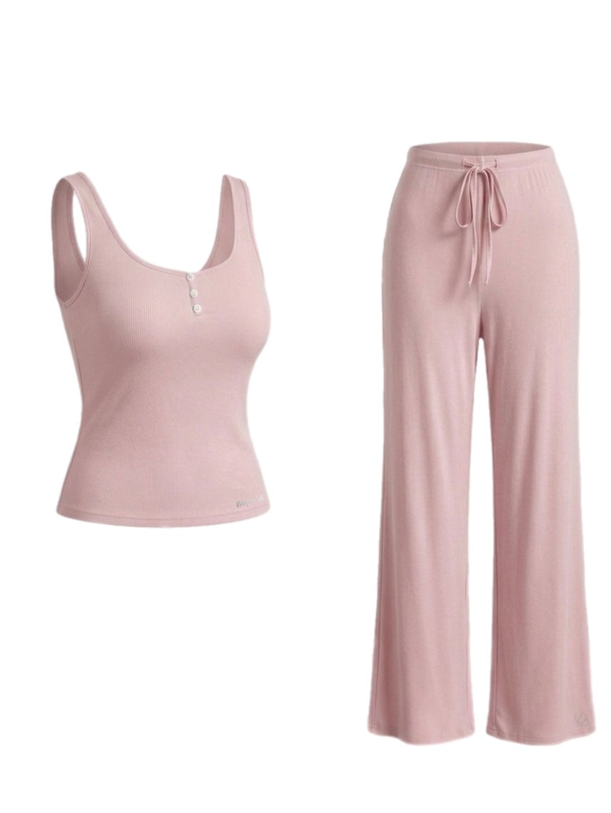 Women's Ribbed Henley Tank and Wide-Leg Pants Pajama Set