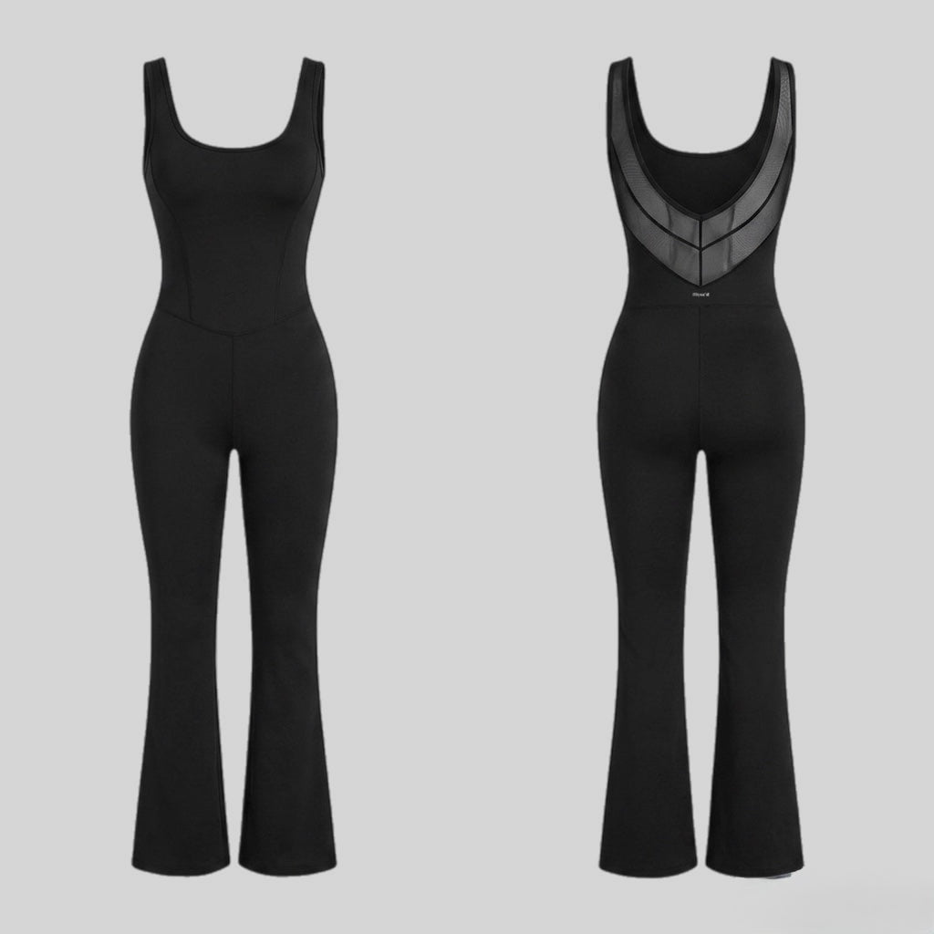 Sculpting Scoop Neck Flare Jumpsuit with Illusion Mesh Back