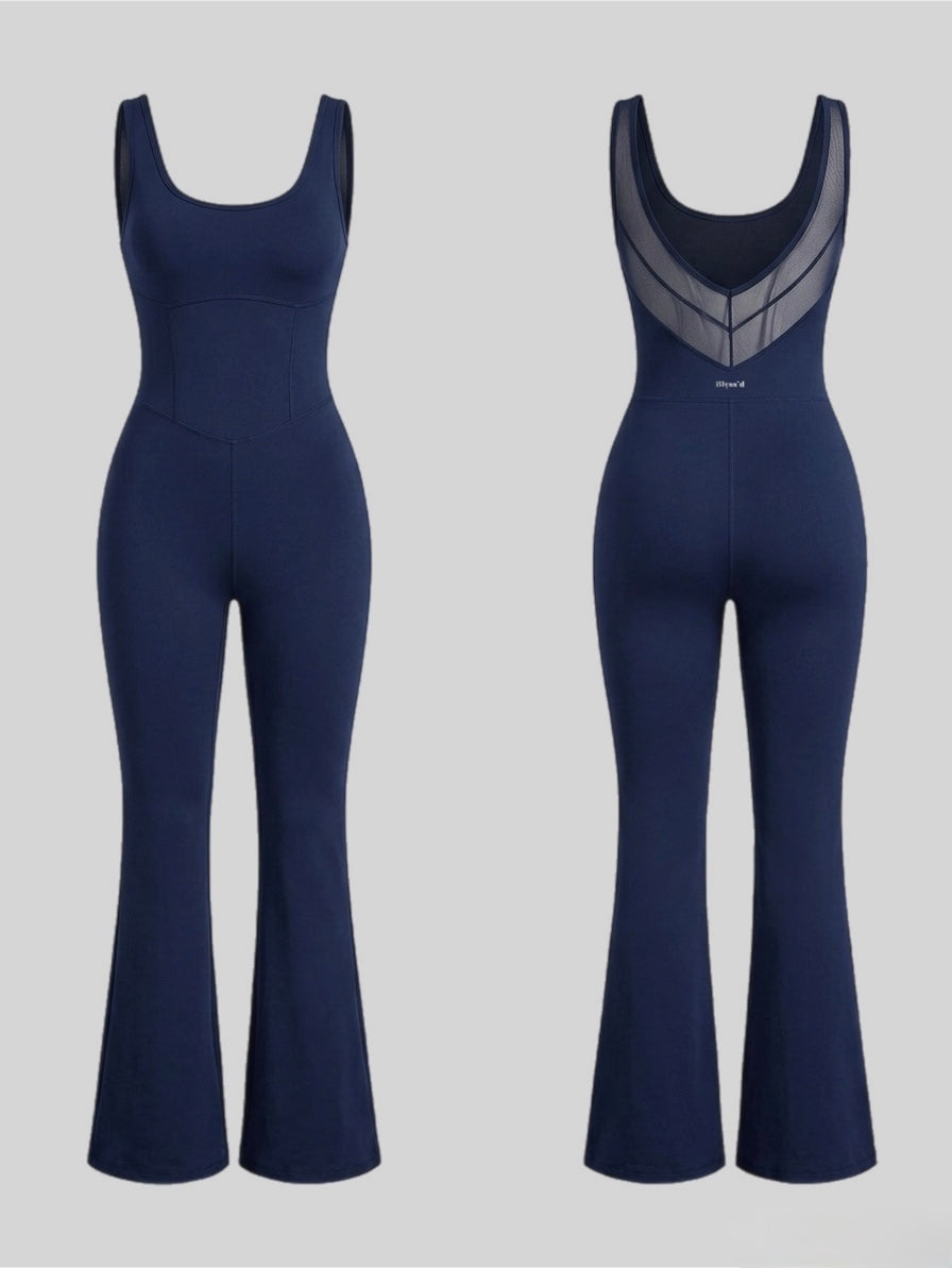 Sculpting Scoop Neck Flare Jumpsuit with Illusion Mesh Back